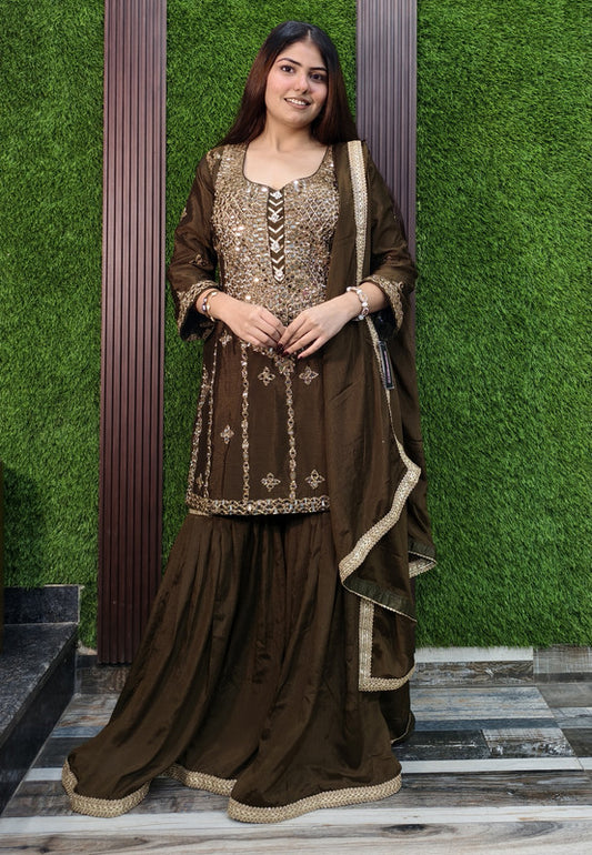 Straight Sharara Suit with Full Heavy Mirror Work Embroidery Shirt, With Flared Chinnon Silk Sharara and Silk Dupatta
