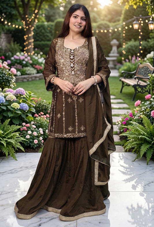 Straight Sharara Suit with Full Heavy Mirror Work Embroidery Shirt, With Flared Chinnon Silk Sharara and Silk Dupatta
