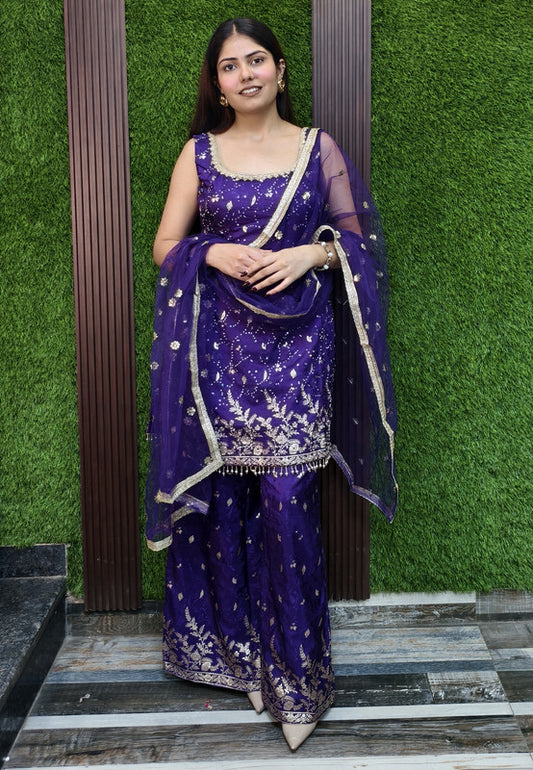 Pure Banarasi Partywear Palazzo Suit Set with Front and Back Work and Net Embroidered Dupatta