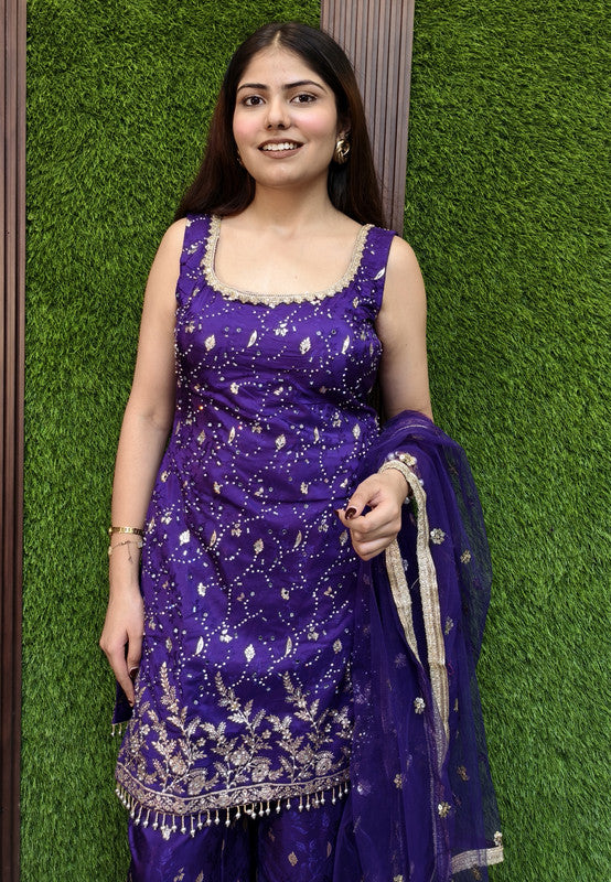 Pure Banarasi Partywear Palazzo Suit Set with Front and Back Work and Net Embroidered Dupatta