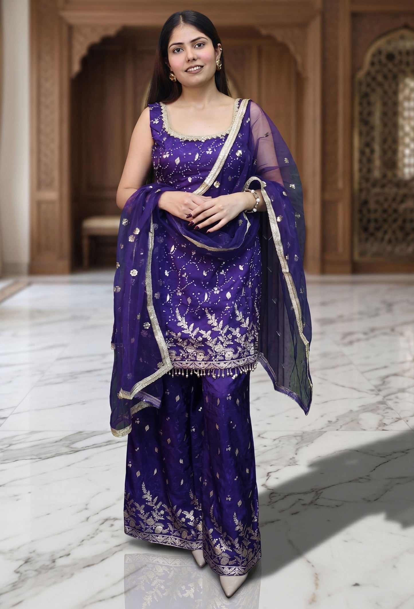 Pure Banarasi Partywear Palazzo Suit Set with Front and Back Work and Net Embroidered Dupatta