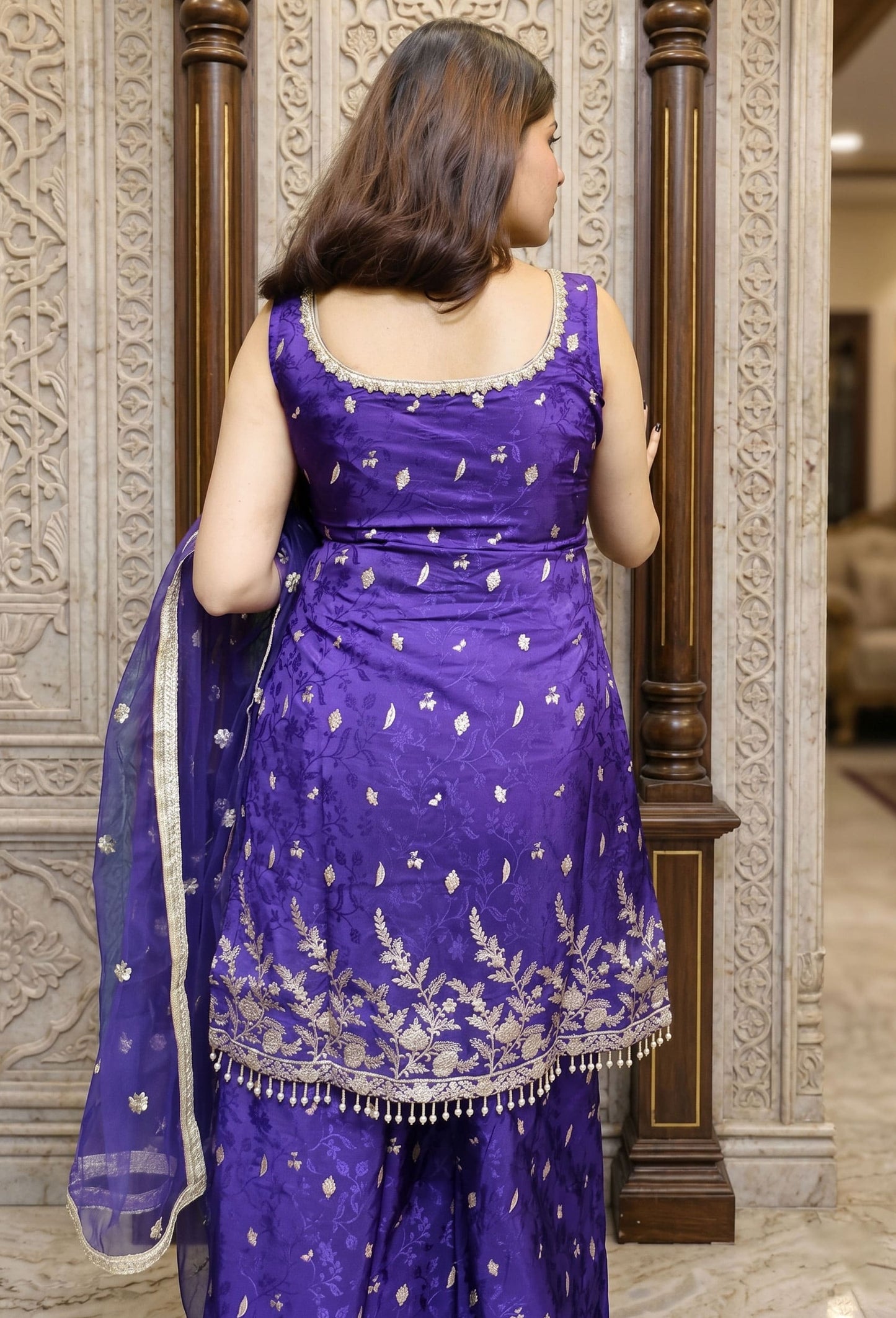 Pure Banarasi Partywear Palazzo Suit Set with Front and Back Work and Net Embroidered Dupatta