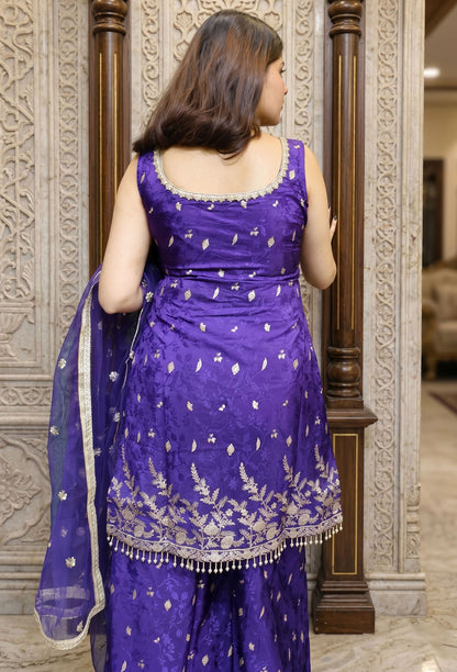 Pure Banarasi Partywear Palazzo Suit Set with Front and Back Work and Net Embroidered Dupatta