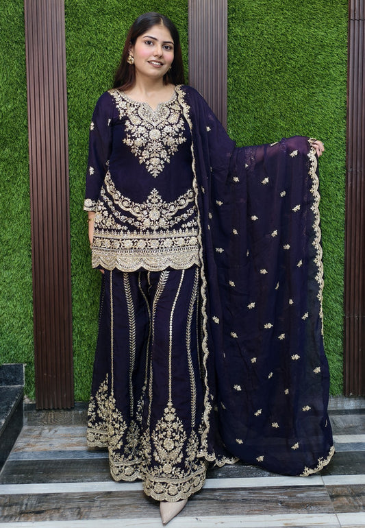 Short Shirt Girlish Sharara Suit Set with Heavy Hand Work Embroidery on Front and Back and Scallop Dupatta