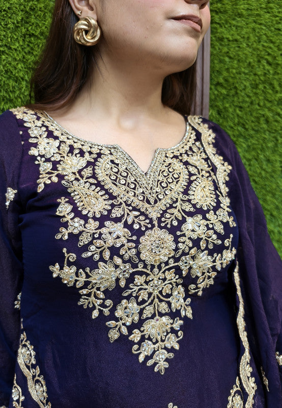 Short Shirt Girlish Sharara Suit Set with Heavy Hand Work Embroidery on Front and Back and Scallop Dupatta