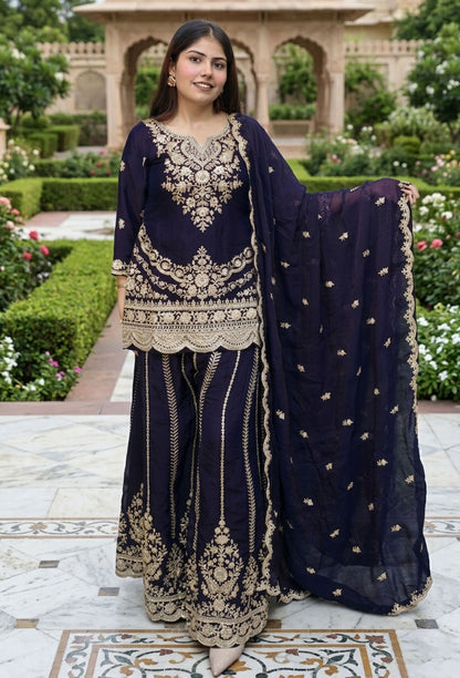 Short Shirt Girlish Sharara Suit Set with Heavy Hand Work Embroidery on Front and Back and Scallop Dupatta
