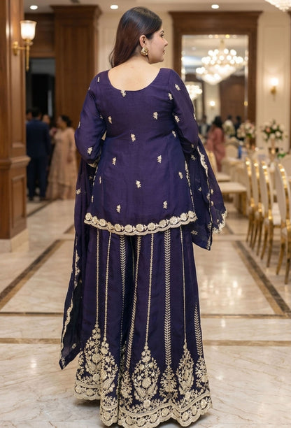 Short Shirt Girlish Sharara Suit Set with Heavy Hand Work Embroidery on Front and Back and Scallop Dupatta