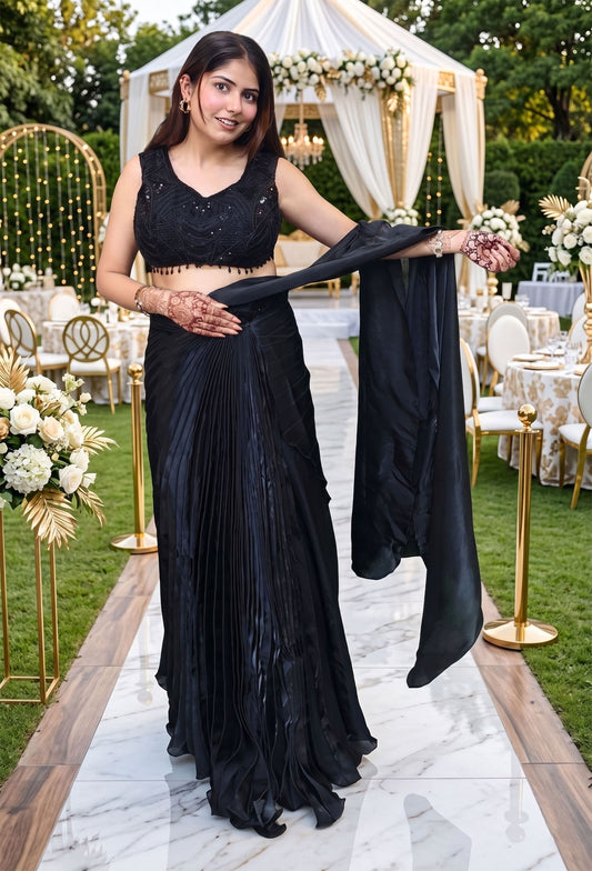 Styling Indo Western Dress with Hand Embellished Crop Top and Drape Connected Skirt