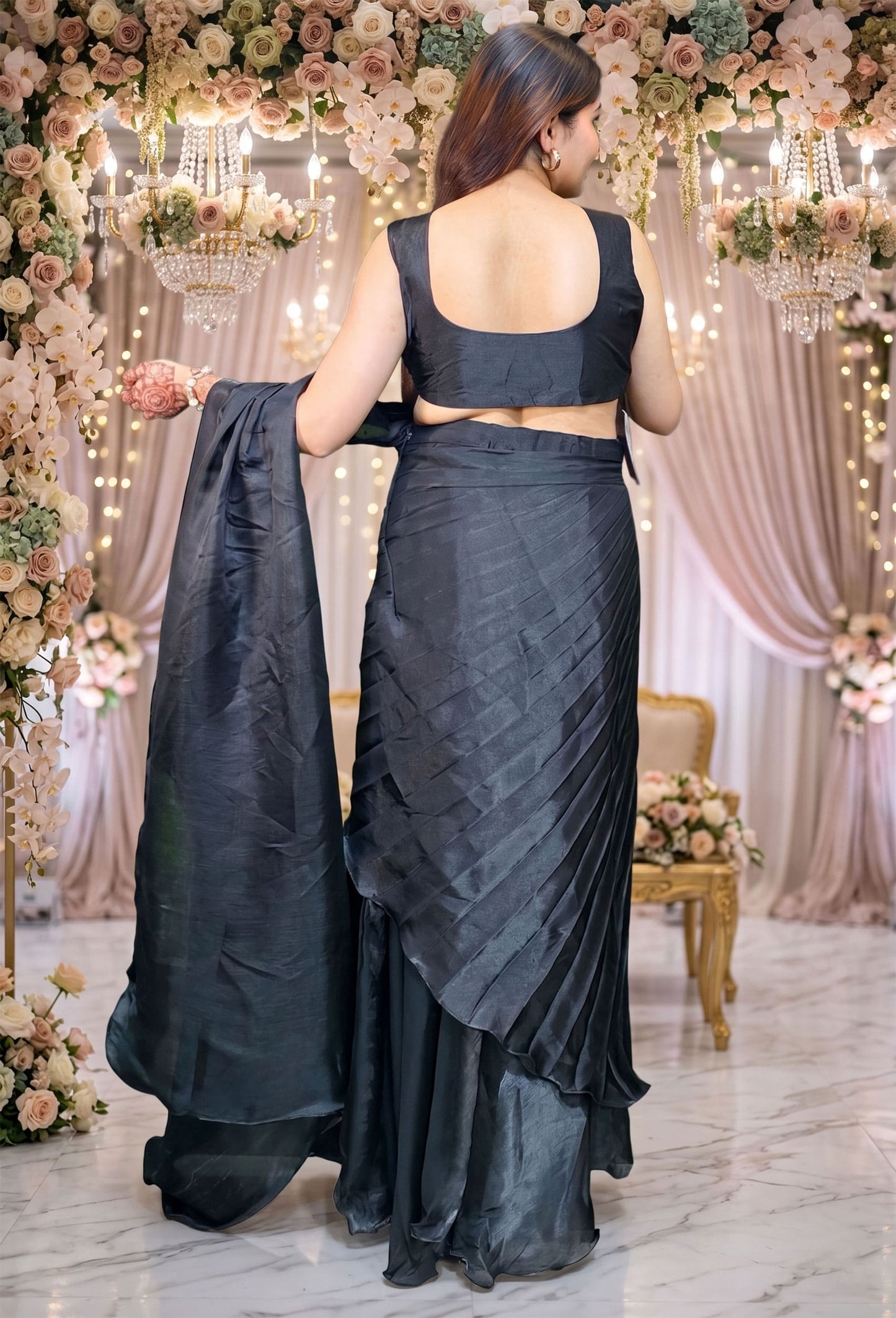 Styling Indo Western Dress with Hand Embellished Crop Top and Drape Connected Skirt