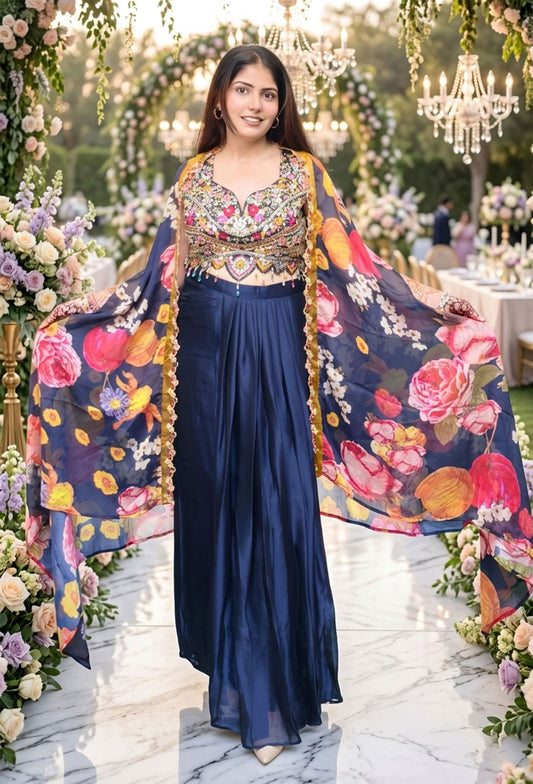 3 Piece Indo Western Dress with Printed Organza Shrug & Hand Embroidered Crop Top in Navy Blue