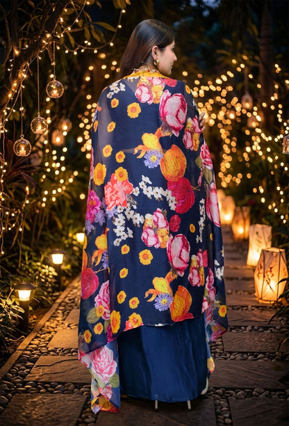 3 Piece Indo Western Dress with Printed Organza Shrug & Hand Embroidered Crop Top in Navy Blue