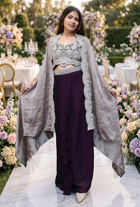 3 Piece Indo Western Dress with Separate Contrast Cape Shrug in Georgette & Tulip Skirt in Wine