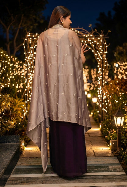 3 Piece Indo Western Dress with Separate Contrast Cape Shrug in Georgette & Tulip Skirt in Wine