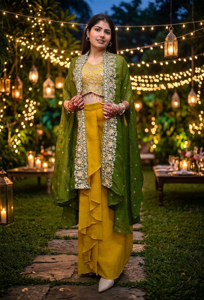 3 Piece Indo Western Dress with Separate Contrast Organza Cape Shrug & Tulip Skirt in Green/Yellow – Haldi & Mehendi Special