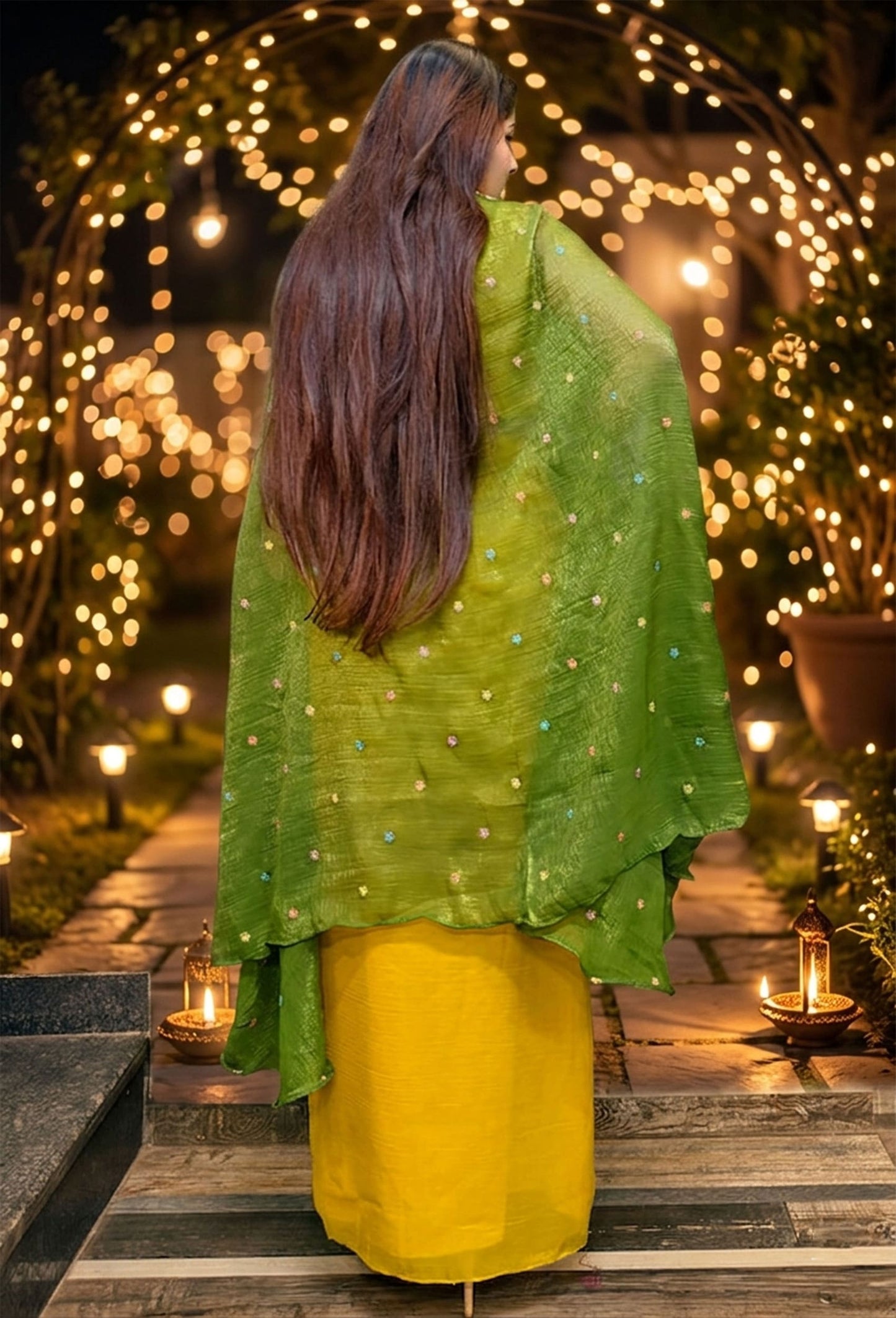 3 Piece Indo Western Dress with Separate Contrast Organza Cape Shrug & Tulip Skirt in Green/Yellow – Haldi & Mehendi Special