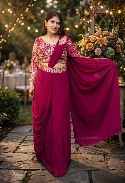 Drape Style Partywear Saree Readymade Saree in Georgette with Embellished Full Sleeve Blouse in Hot Pink