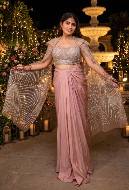 Hand-Embellished Corset Crop Top with Satin Tulip Skirt and Attached Falling Sleeves - Designer Occasion Set