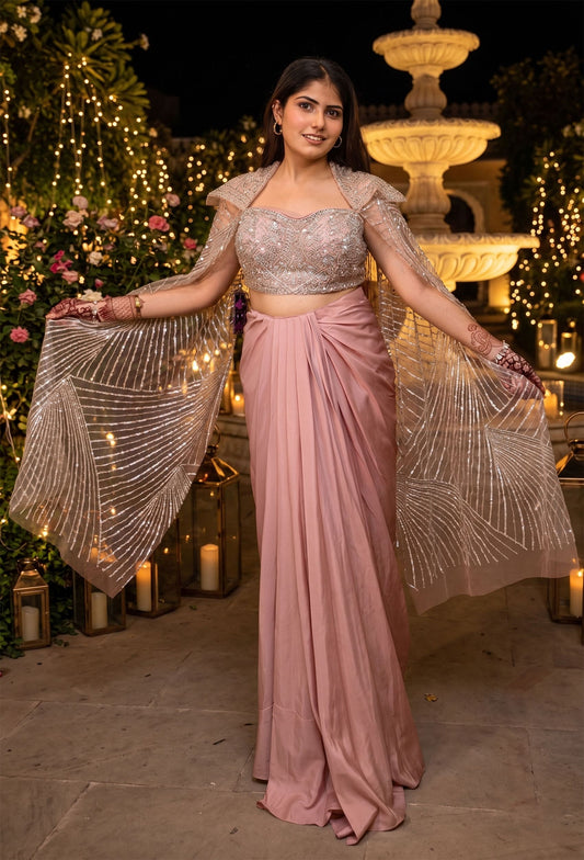 Hand-Embellished Corset Crop Top with Satin Tulip Skirt and Attached Falling Sleeves - Designer Occasion Set
