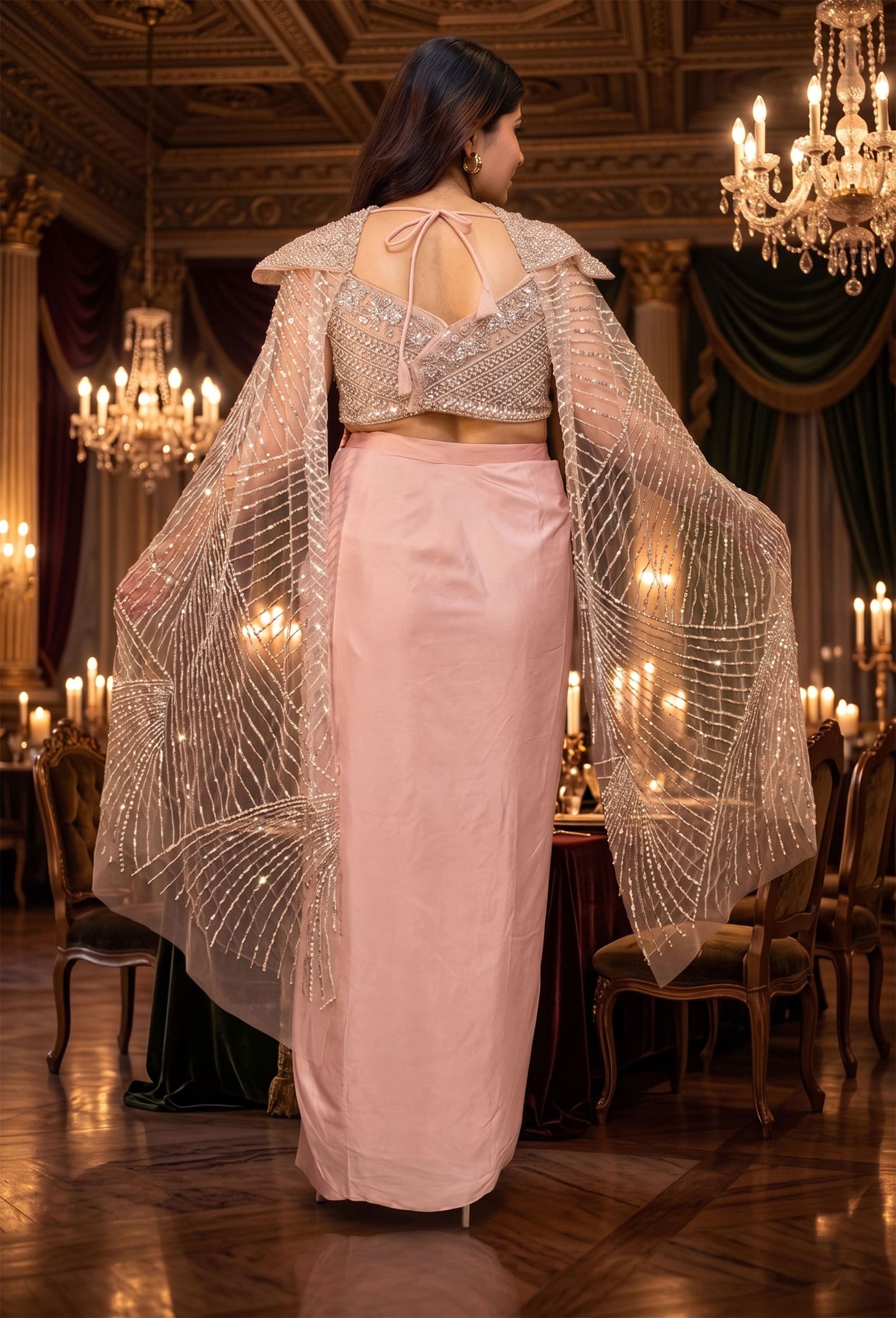 Hand-Embellished Corset Crop Top with Satin Tulip Skirt and Attached Falling Sleeves - Designer Occasion Set