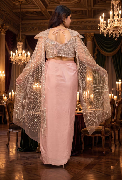 Hand-Embellished Corset Crop Top with Satin Tulip Skirt and Attached Falling Sleeves - Designer Occasion Set