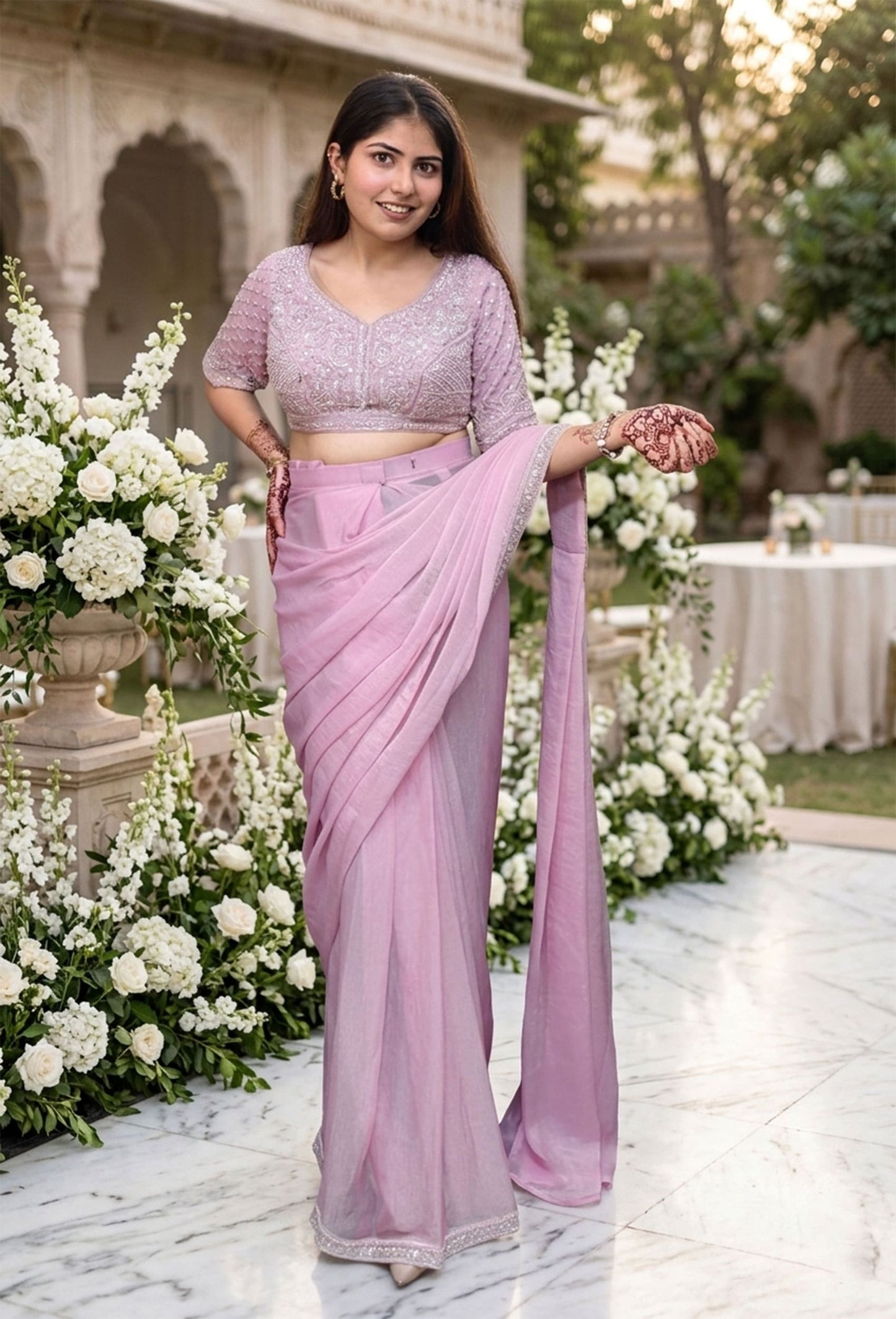 Ready-to-Wear Drape Saree in Shimmer Tissue Fabric with Hand-Embellished Blouse