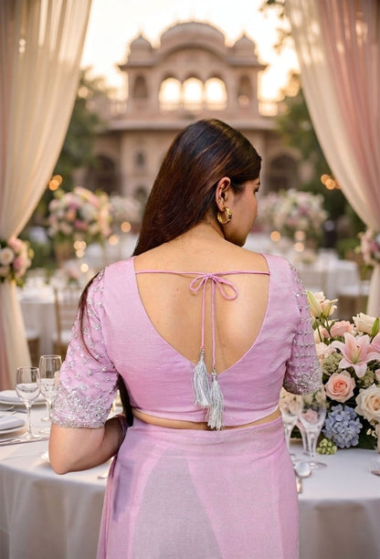 Ready-to-Wear Drape Saree in Shimmer Tissue Fabric with Hand-Embellished Blouse