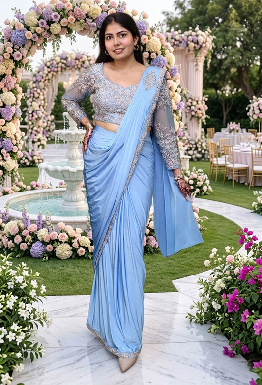 Ready-to-Wear Drape Lycra Saree with Multi Embroidered Full Sleeve Blouse