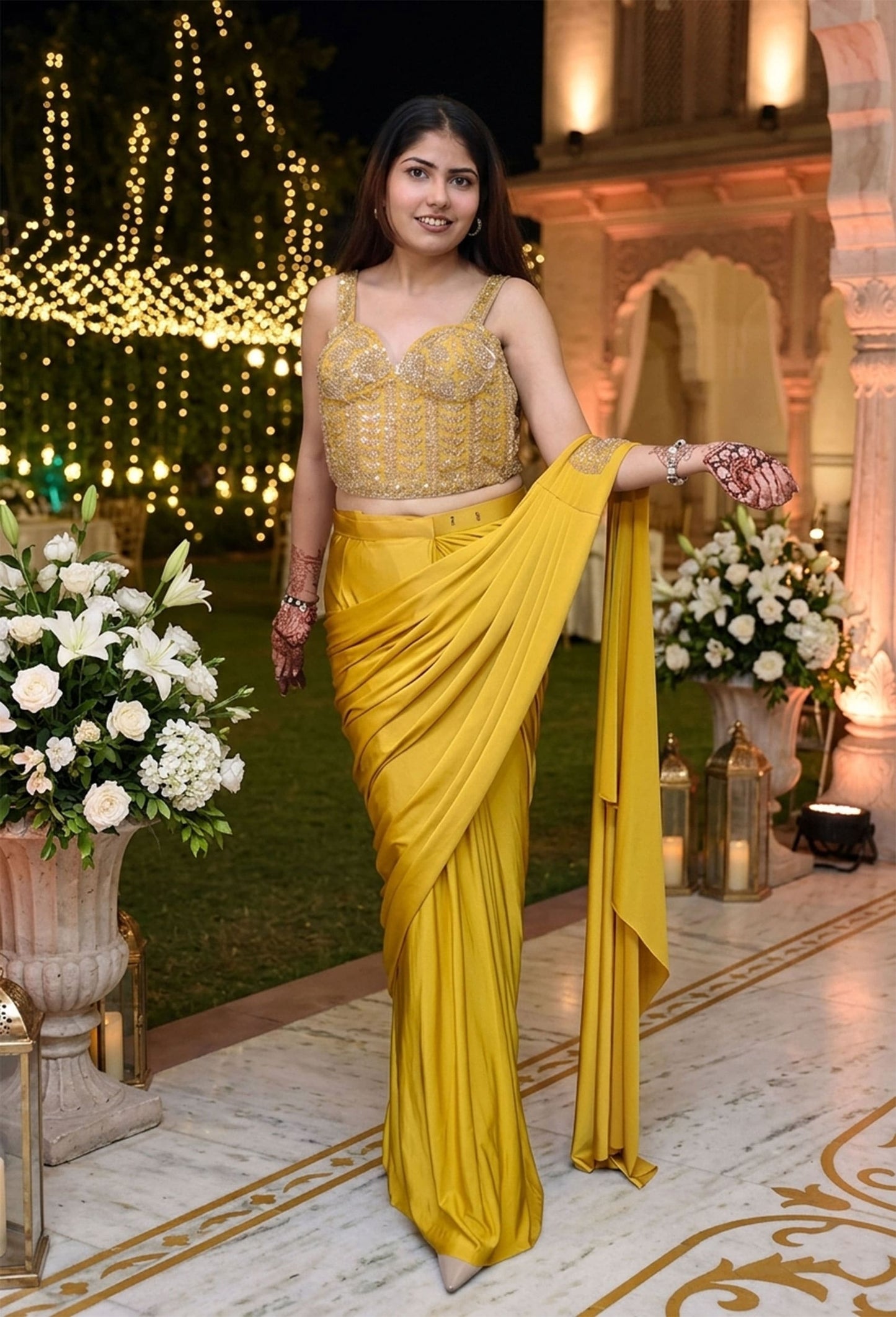 Designer Lycra Drape Saree with Pre-Stitched Spaghetti Style Corset Blouse and Belt