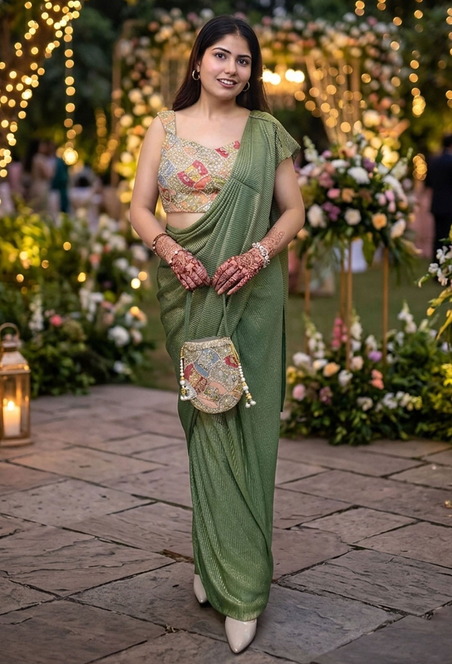 Designer Ready-to-Wear Crinkle Shimmer Saree with Multi Embroidered Blouse and Embellished Purse