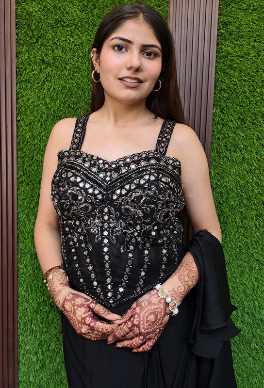 Hand embellished Corset styles Ready to wear drape saree in Armani Satin For Cocktail Party