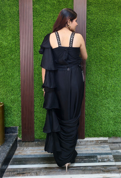 Hand embellished Corset styles Ready to wear drape saree in Armani Satin For Cocktail Party