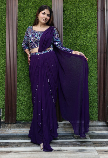 Cowl Style Ready to Wear Drape Saree in Georgette with Hand Embroidered Full Sleeve Blouse