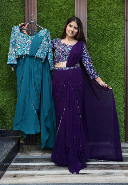 Cowl Style Ready to Wear Drape Saree in Georgette with Hand Embroidered Full Sleeve Blouse