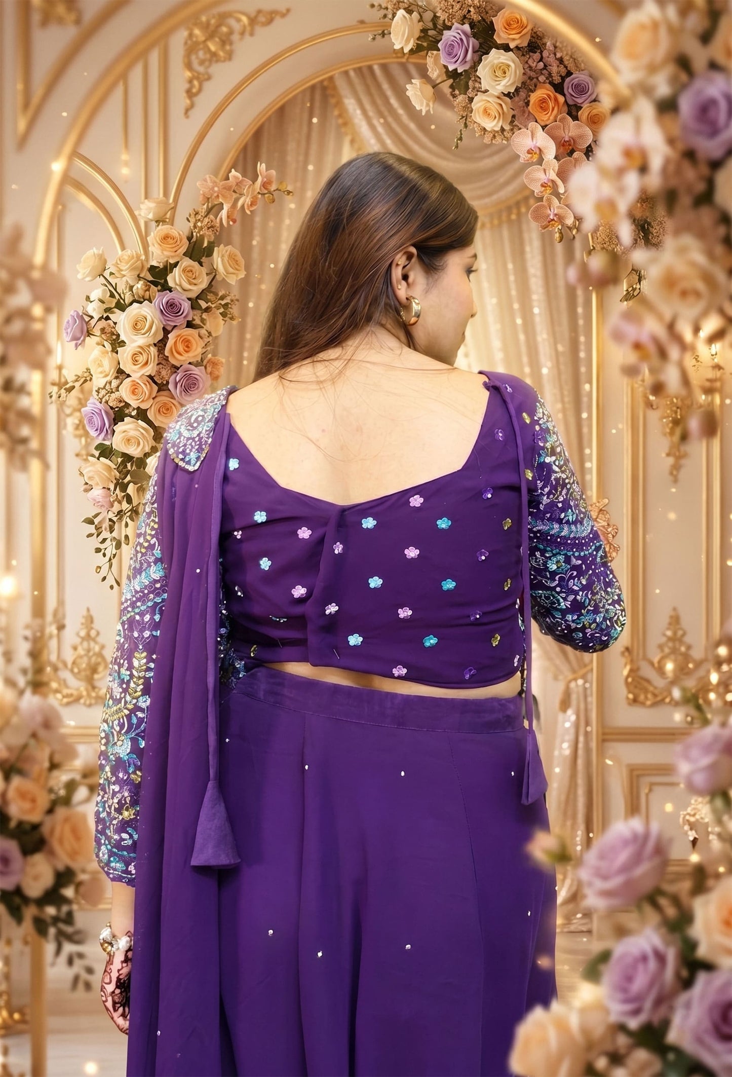 Cowl Style Ready to Wear Drape Saree in Georgette with Hand Embroidered Full Sleeve Blouse