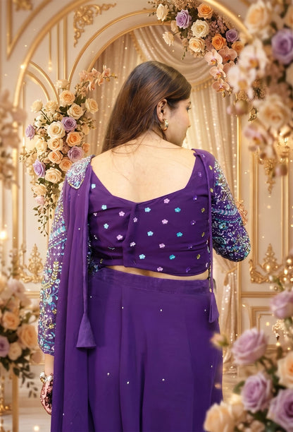 Cowl Style Ready to Wear Drape Saree in Georgette with Hand Embroidered Full Sleeve Blouse