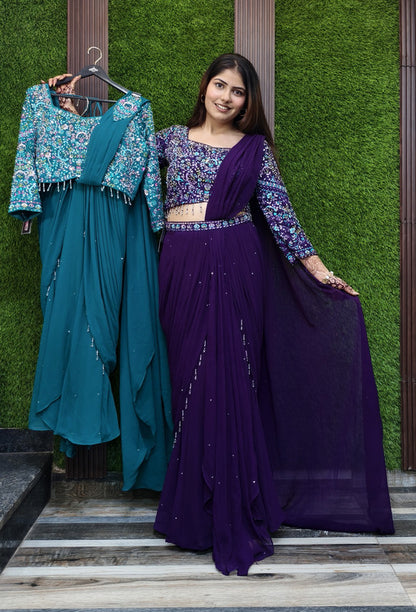 Cowl Style Ready to Wear Drape Saree in Georgette with Hand Embroidered Full Sleeve Blouse