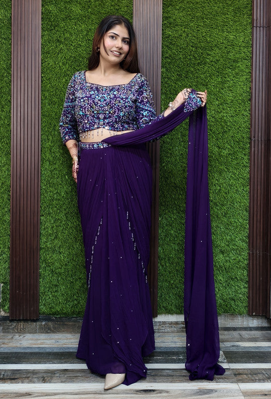 Cowl Style Ready to Wear Drape Saree in Georgette with Hand Embroidered Full Sleeve Blouse