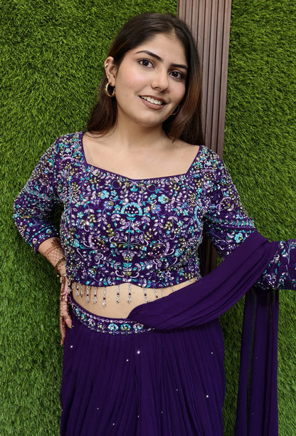 Cowl Style Ready to Wear Drape Saree in Georgette with Hand Embroidered Full Sleeve Blouse