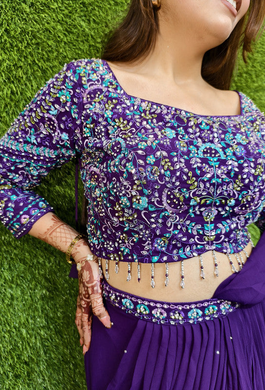 Cowl Style Ready to Wear Drape Saree in Georgette with Hand Embroidered Full Sleeve Blouse