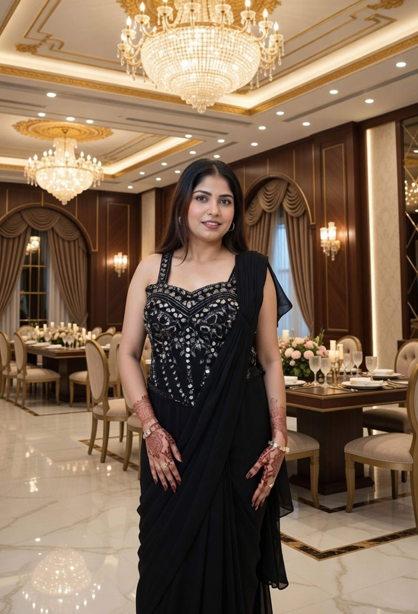 Hand embellished Corset styles Ready to wear drape saree in Armani Satin For Cocktail Party