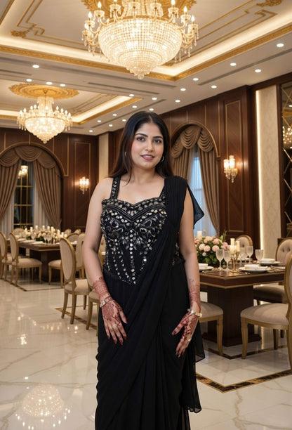 Hand embellished Corset styles Ready to wear drape saree in Armani Satin For Cocktail Party