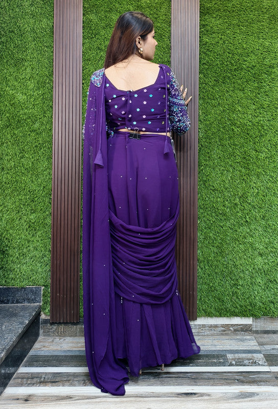 Cowl Style Ready to Wear Drape Saree in Georgette with Hand Embroidered Full Sleeve Blouse