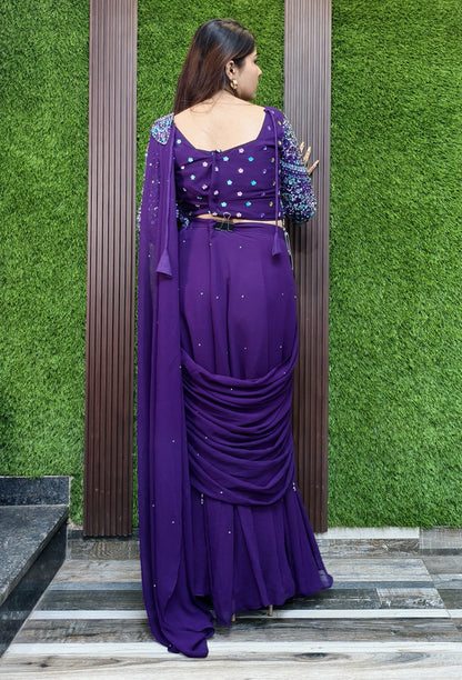 Cowl Style Ready to Wear Drape Saree in Georgette with Hand Embroidered Full Sleeve Blouse