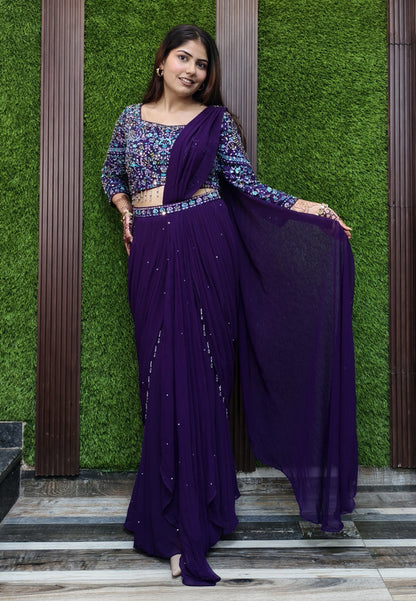 Cowl Style Ready to Wear Drape Saree in Georgette with Hand Embroidered Full Sleeve Blouse
