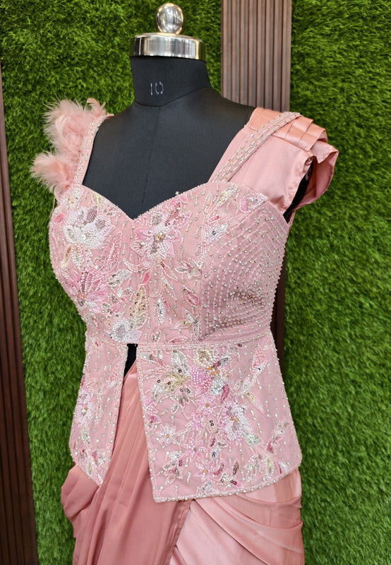 Designer Readymade Peplum Style Saree With Multi Embroidered Blouse On Armani Satin