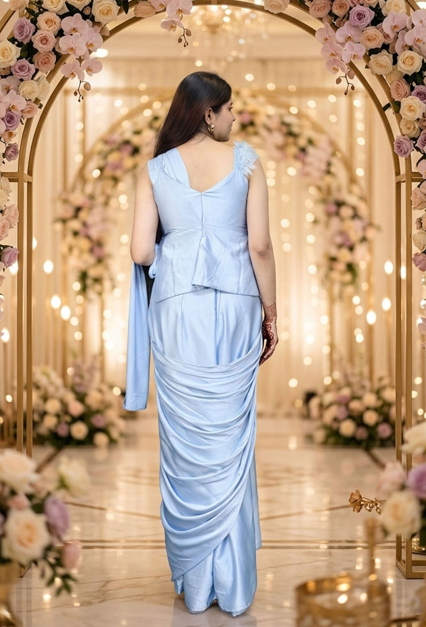 Designer Readymade Peplum Style Saree With Multi Embroidered Blouse On Armani Satin