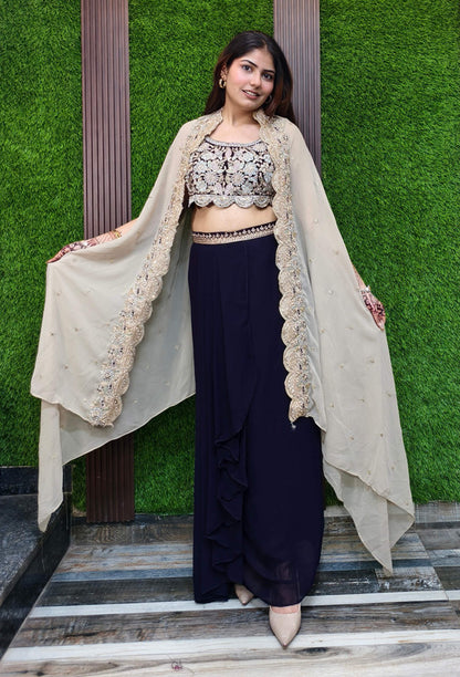 3 piece Indo Western Georgette Dress With Separate Cape Shug In Contrast with Tulip Skirt in Purple