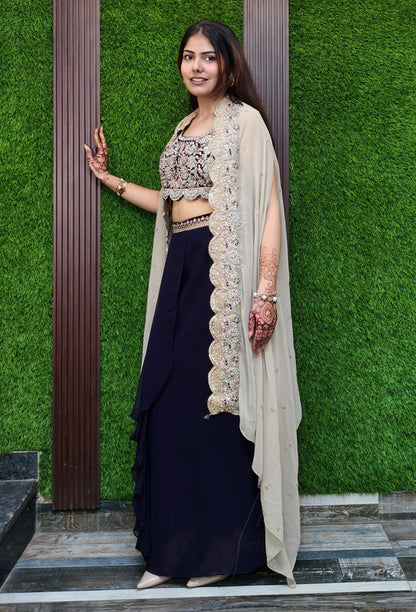 3 piece Indo Western Georgette Dress With Separate Cape Shug In Contrast with Tulip Skirt in Purple