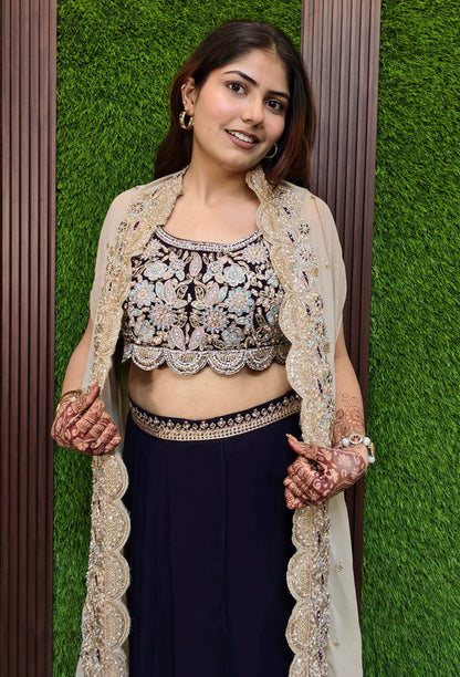 3 piece Indo Western Georgette Dress With Separate Cape Shug In Contrast with Tulip Skirt in Purple