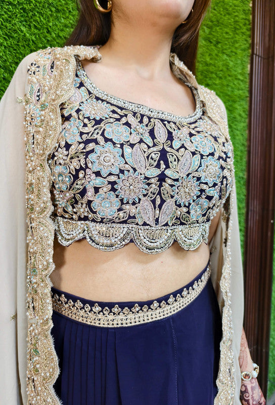 3 piece Indo Western Georgette Dress With Separate Cape Shug In Contrast with Tulip Skirt in Purple